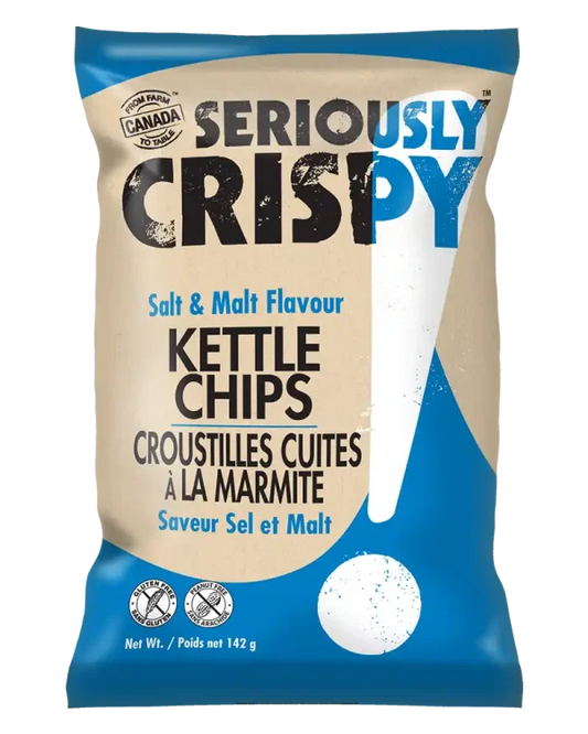 Case of 12- SERIOUSLY CRISPY Sea Salt & Malt Flavour Kettle Chips - Family Size - 142g